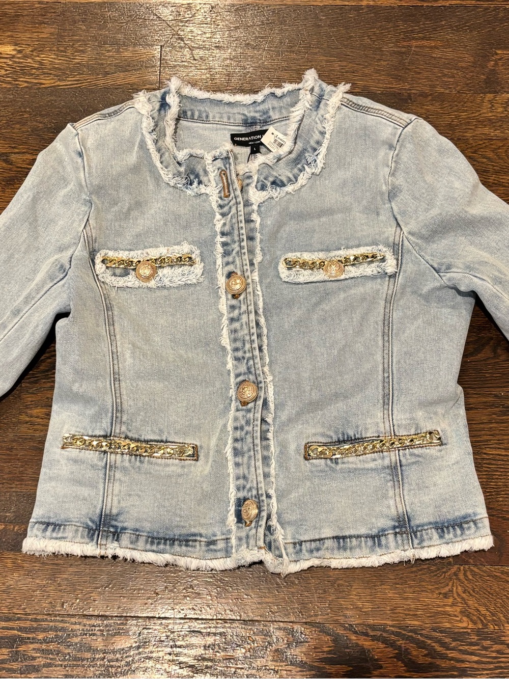 Generation Love Light Wash Denim Jacket with Gold Chain Trim